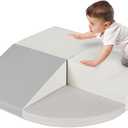 Foam Climbing Play Set – 3-Piece Soft Play Blocks (Stairs, Cube, Quarter Circle). Includes square foam pieces: Stair piece – 15.5" L x 16" W x 8" H (4" step height); Cube – 15.5" x 16" x 8"; Quarter circle – approx. 15.75"–16" radius, 25" arc length, 2.375" thickness