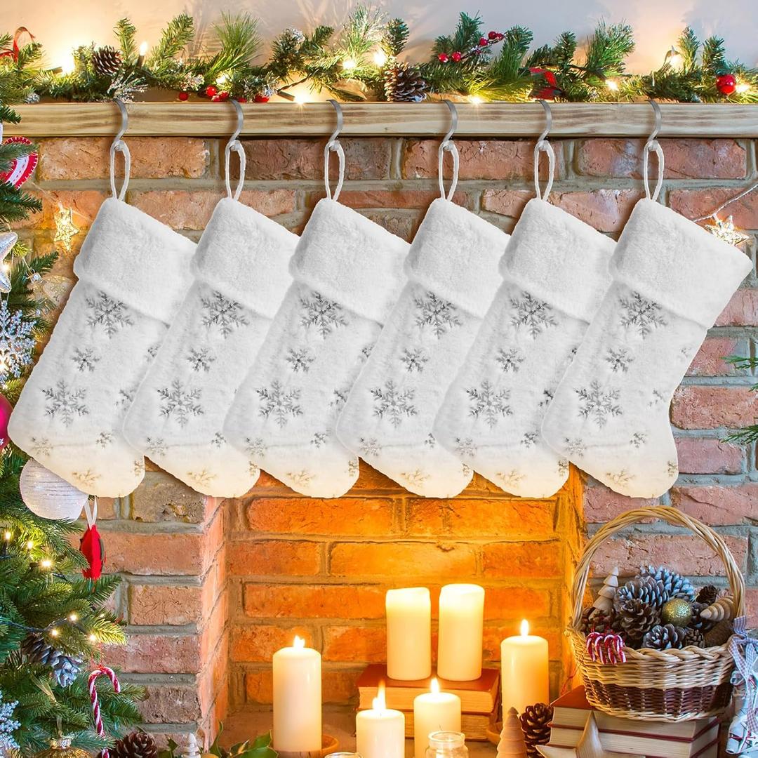 Seematn 6 Pcs Christmas Stockings with 6 Pcs Stocking Holders Set 20 Inch White Faux Fur Xmas Stockings Embroidered Snowflake Xmas Stocking Large Family Holiday Fireplace Hanging Decor (Silver,Cute)