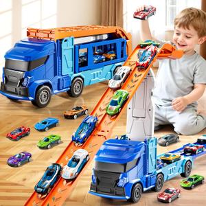 Truck Toys Car Track Set for 3 4 5 6 Years Old Boys, Carrier Truck Transporter Car Race Track with 12 Die-Cast Racing Car Toys, Birthday Gifts for Toddlers Kids Girls Age 3 4 5 6 7 8