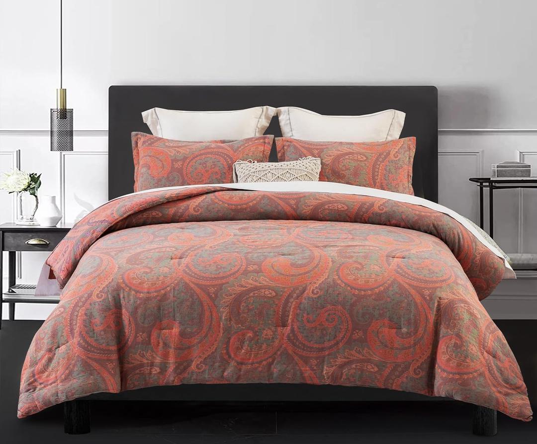 SLEEPBELLA Washed Double Layer Muslin 100% Cotton Comforter Set King Size, Paisley Fluffy Thick Checked Bedding Set, Soft Breathable (1 Comforter, 2 Pillow Shams)