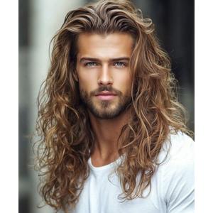 Wiwige Long Curly Wavy Brown Wig for Men Synthetic Rocker Punk Halloween Cosplay Hair Wig
