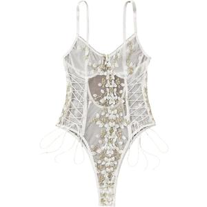 Lilosy Women Sexy Lace Up Floral Embroidered Teddy Lingerie Bodysuit Top Mesh Sheer One Piece (White, XL)
