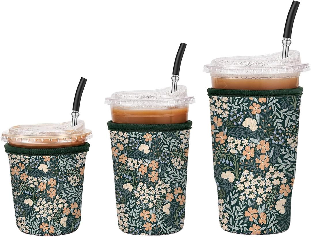 3 Pack Iced Coffee Sleeve Reusable - Neoprene Insulated Cup Sleeve for Cold and Hot Drinks 16-32oz, Keeps Hands Dry and Drinks Cold - Vintage Bloom