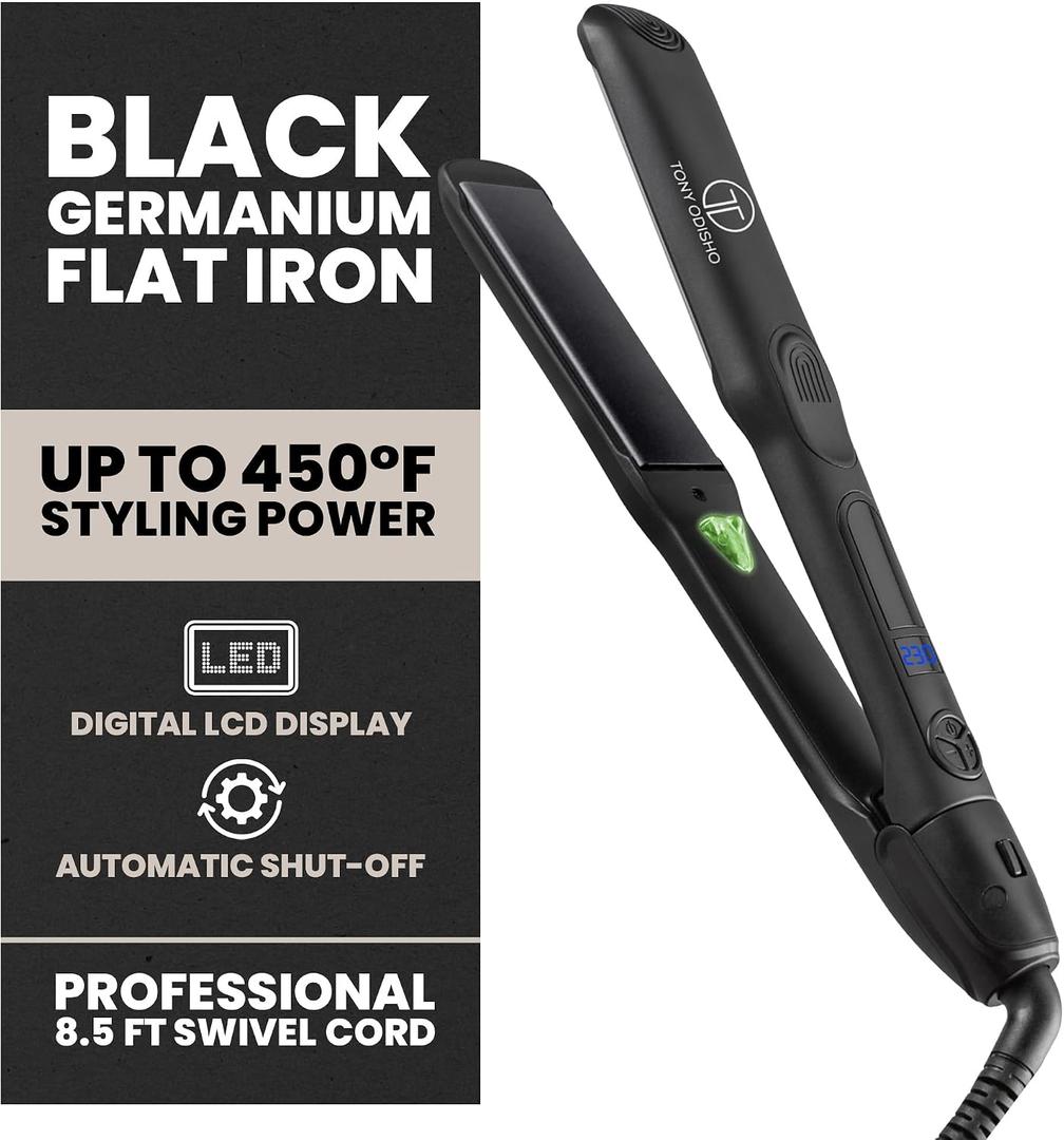 Black Germanium Flat Iron Hair Straightener 1.25 Floating Plates, Ionic Fast-Heat MCH, Digital 180450F, Frizz Control, 60-Min Auto Shutoff, 8.5-ft Swivel Cord, Salon Professional
