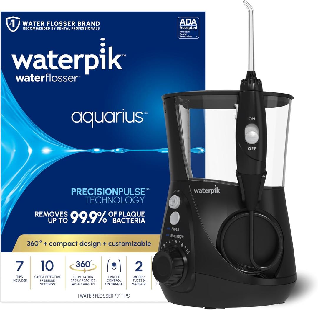 Waterpik Aquarius Water Flosser For Teeth Cleaning, Gums, Braces, Dental Care, Electric Power With 10 Settings, 7 Tips For Multiple Users And Needs, ADA Accepted, Black WP-662