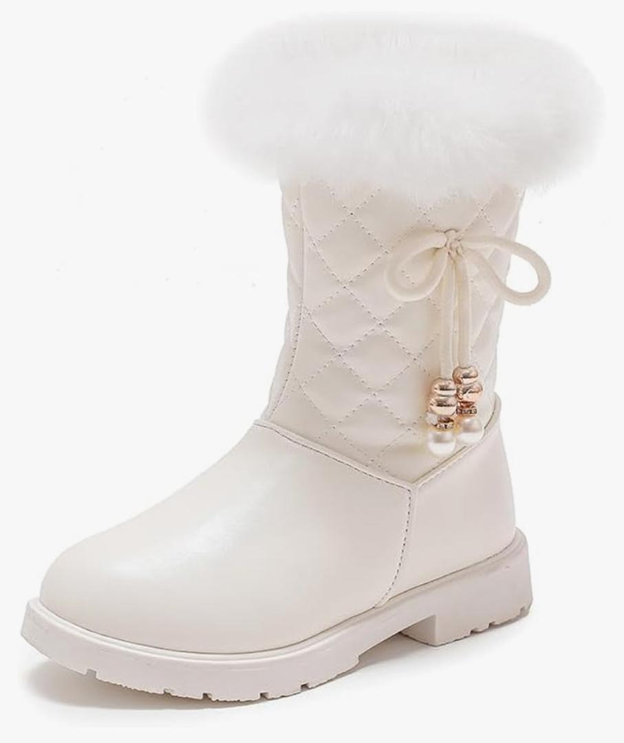 kkdom Girls Winter Snow Boots Warm Fur Boots Side Zipper Bowknot Pearl Princess Booties, Size 31
