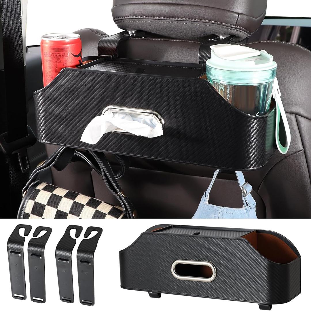 Car Rear Backseat Extra Multifunctional Drink Cup Holder Organizers with Tissue Storage Box Organizer & Hooks for Car Seat Back. Imitation Carbon Fiber Texture