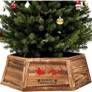 Weysat 30" Wooden Tree Collar Box Christmas Tree Skirt Collar Christmas Decoration Farmhouse Xmas Stand Cover Natural Wood Rustic Hexagon Xmas Base Cover 6-Piece Fit Below 29.5" (Brown)