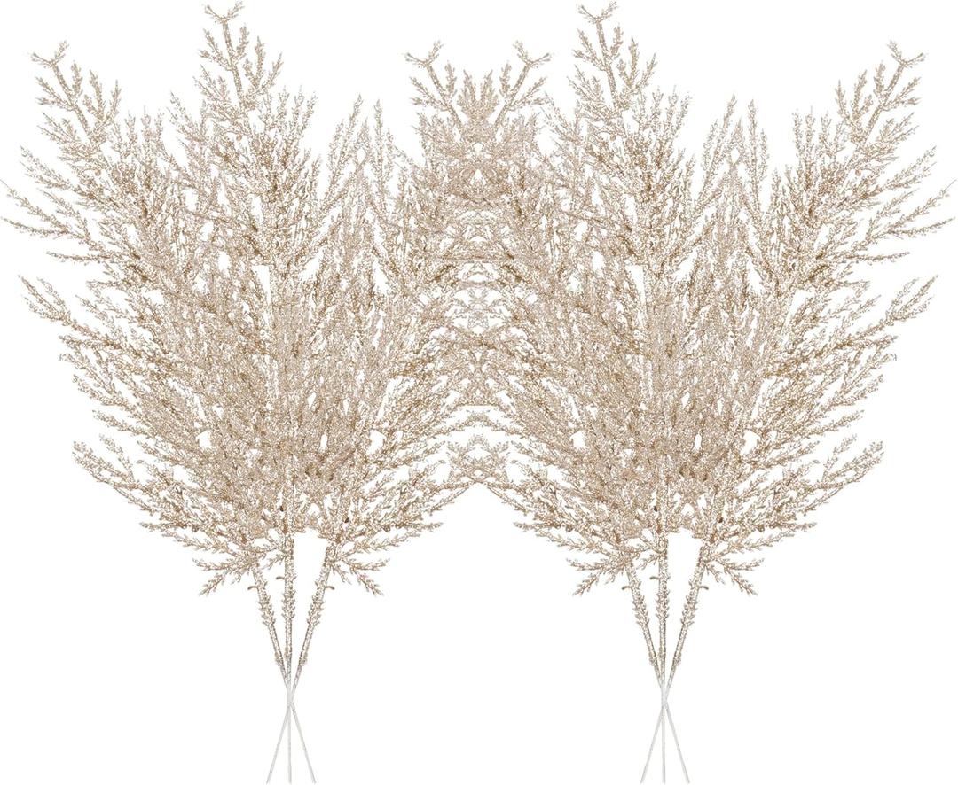 Christmas Glitter Stems 24pcs Artificial Pine Tree Picks for Christmas Tree Ornaments fillers, DIY Xmas Wreath, Crafts, Garland, Holiday, Party, Wedding and Home Decoration (Champagne Gold)