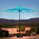 wikiwiki 9FT Solar Led Patio Umbrella with Base, Sturdy Outdoor Market Umbrella for Deck, Pool, Garden w/Tilt, Crank, 32 LED Lights, Sky Blue