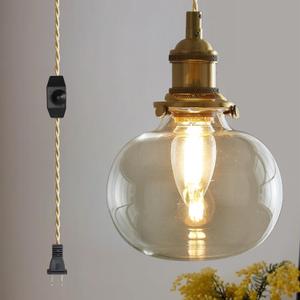 Plug in Glass Pendant Light with Dimmable Switch 4.72" Vintage Hanging Pendant Light Fixtures for Bedside Dining Room Foyer, Brass