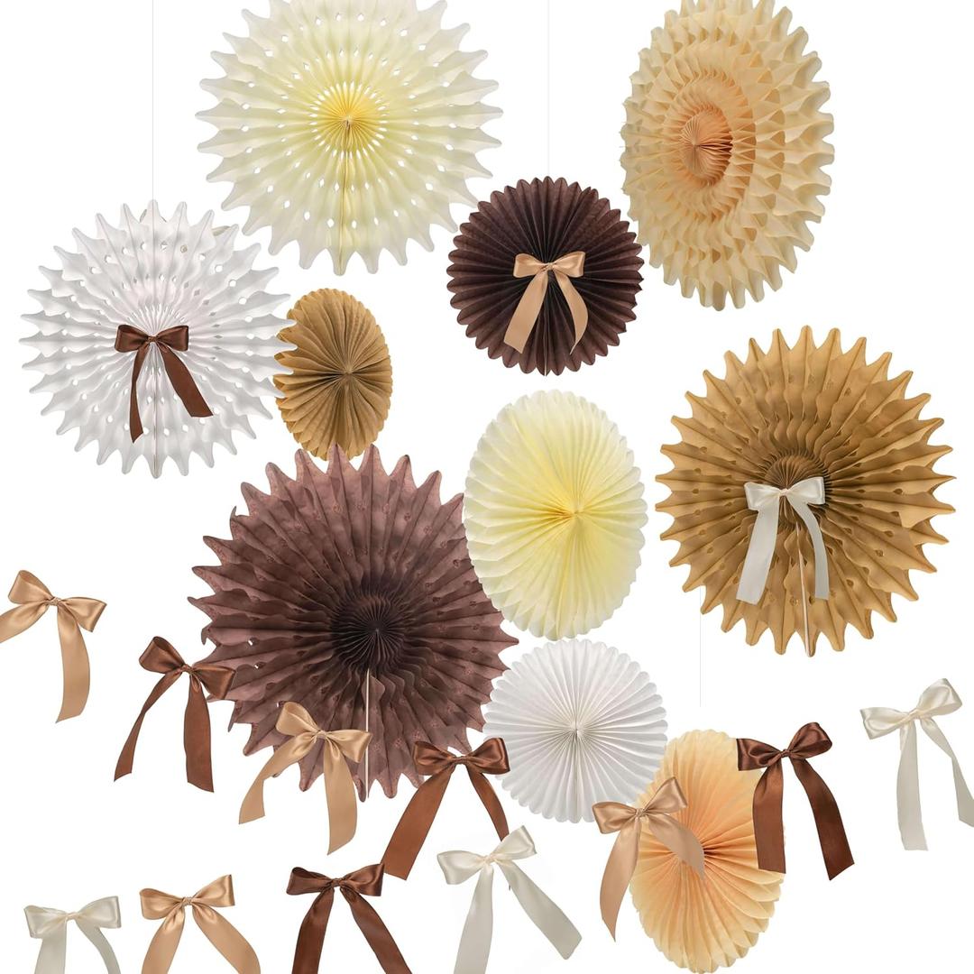 Neutral Brown Beige Tan Hanging Paper Fans for Birthday Baby Shower Bridal Shower Party Decorations