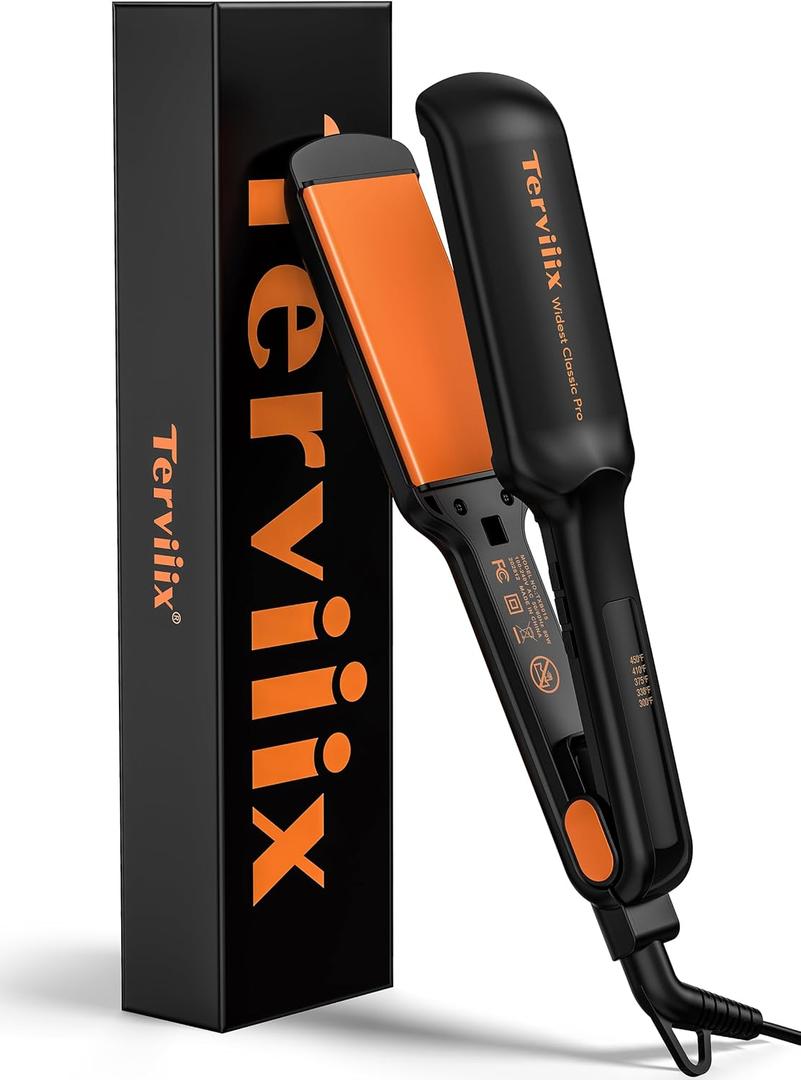 Terviiix 2 Inch Wide Ceramic Flat Iron Hair Straightener for Thick Curly Hair - Heats in 30s, 300°F-450°F Adjustable, Dual Voltage for Travel, Auto Shut Off, Black (Orange)