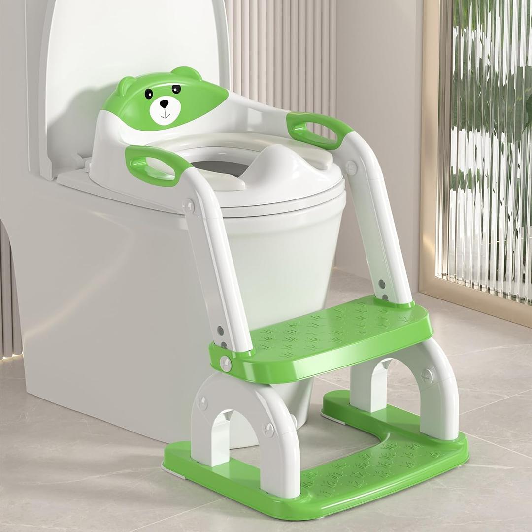 2 in 1 Potty Training Seat with Ladder for Toddler, Upgraded Adjustable Height Potty Training Toilet Splash Guard Anti-Slip Pad Step Stool for Boys and Girls(White and Green)