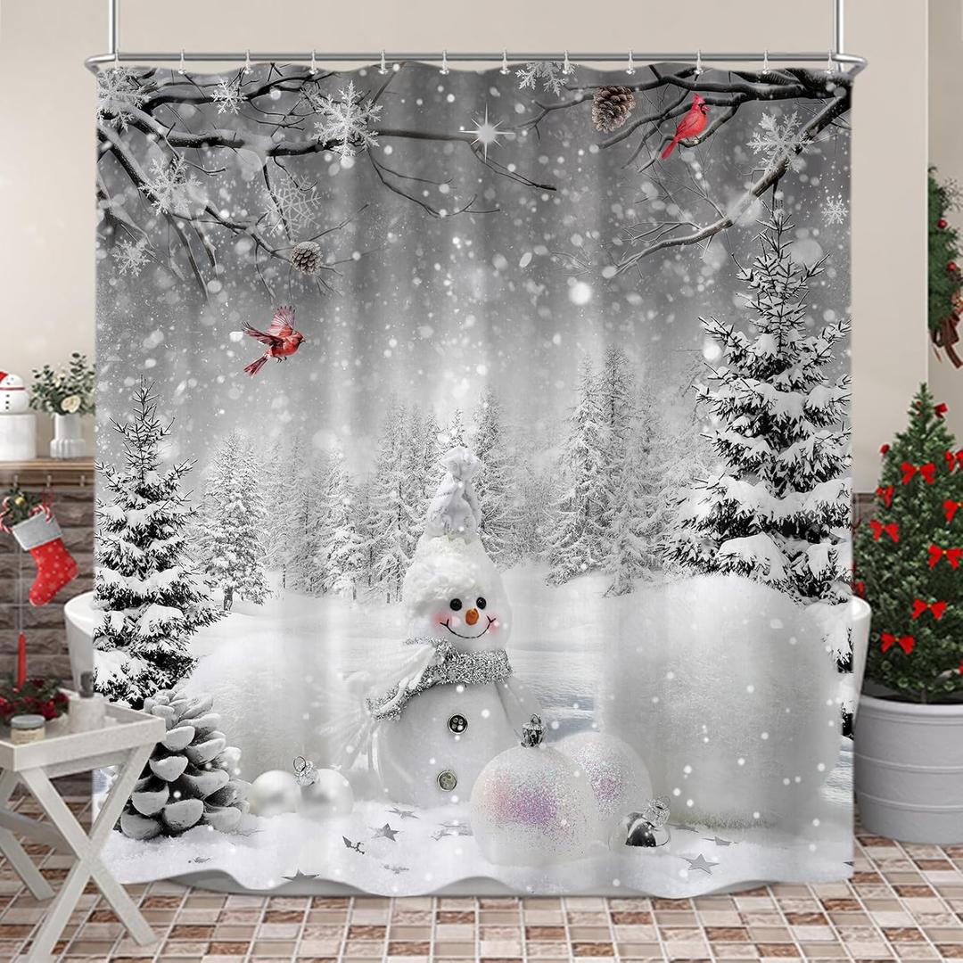 Sanzugh Christmas Snowman Shower Curtain, Grey Winter Forest Cardinal Fabric Shower Curtains Set for Bathroom Decoration with Hooks 72 X 72 Inch Cute Gray White Xmas Holiday Bath Decor