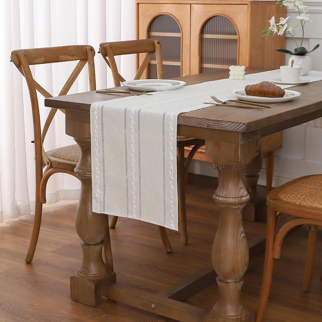 Gernaice Boho Table Runner, Rustic Cotton Linen Farmhouse Table Runners for Holiday Wedding Dining Living Room Bedroom Home Decor, 108" L X 13" W Ivory