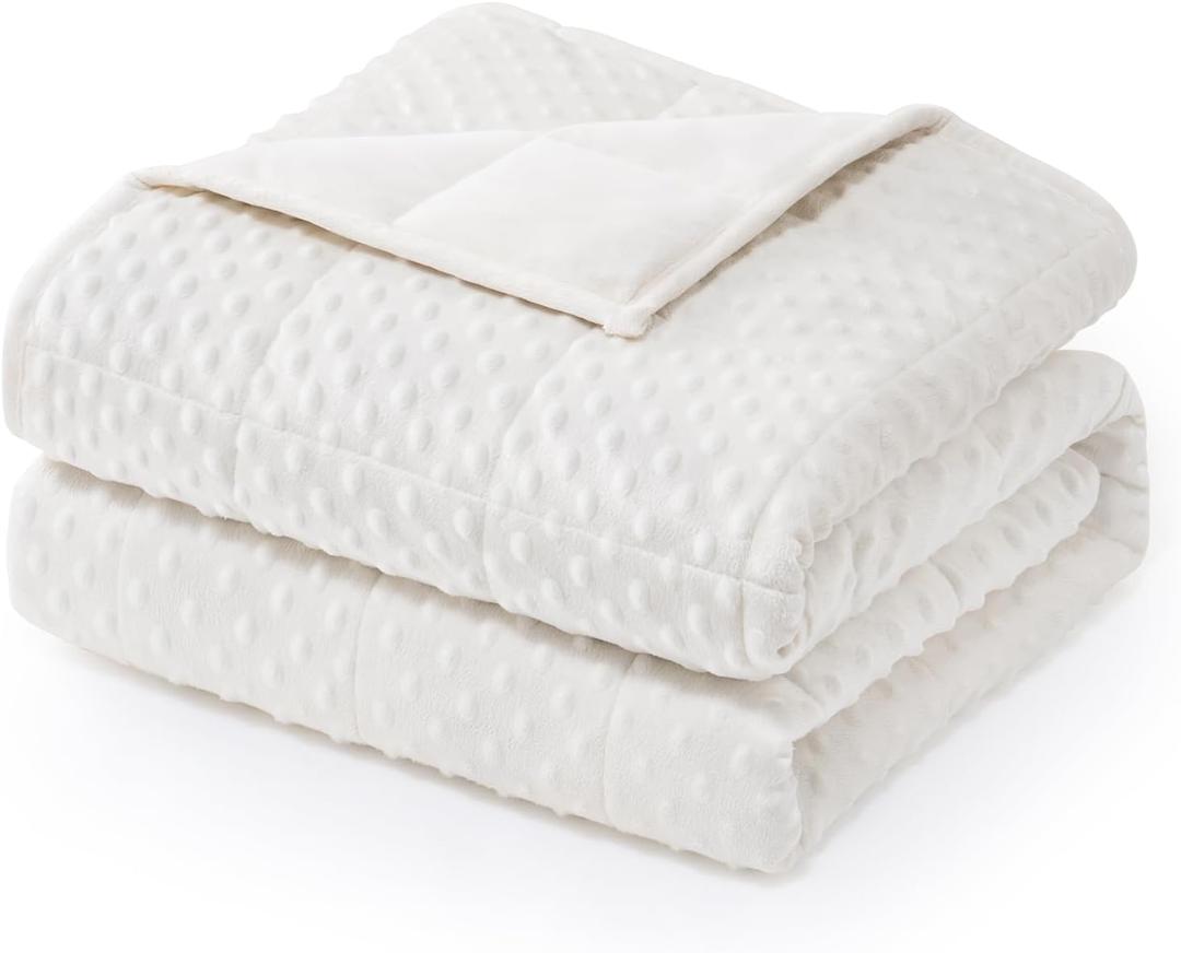 Wemore Minky Dot Weighted Blanket for Adults Queen Size 15 lbs, Soft Heavy Blanket for Stress Relief and Sleep Promotion, Breathable Blanket for All-Season with Glass Beads, White 60 x 80 inches