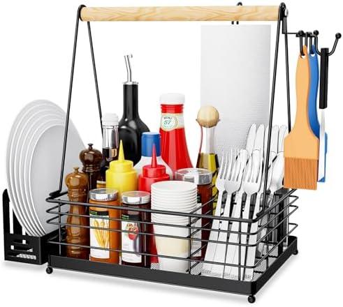 JBBTOOL Grill Caddy, BBQ Caddy for Outdoor Grill with Paper Towel Holder, Picnic Condiment Utensil Storage for Outdoor Camping, Tailgating Essentials, RV Essentials, Grilling Accessories,Gifts for Men