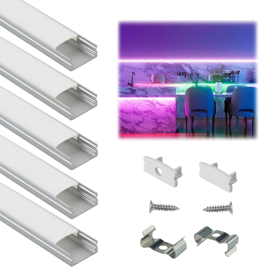 Muzata 5Pack 3.3FT/1M LED Channel Aluminum U Shape Silver LED Strip Diffuser Channel with Milky White Cover Easy Installation U1SW WW 1M