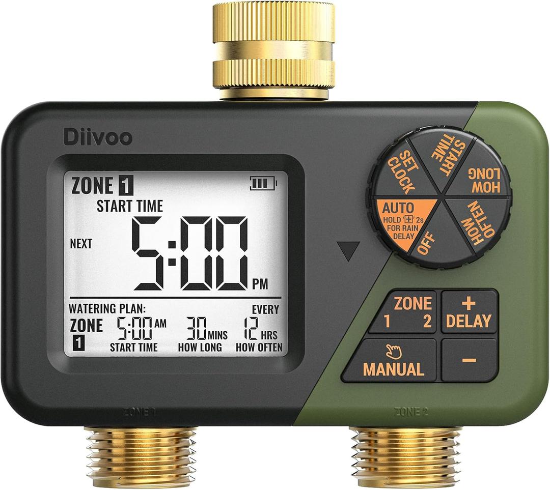 Diivoo Brass Sprinkler Timer 2 Zone, IP66 Waterproof Programmable Water Hose Timer 2 Outlet with Large Display, Rain Delay & Manual Watering for Outdoor Automatic Irrigation of Garden, Lawn, Yard