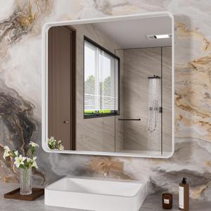 JISOSO White Bathroom Mirror 36x36 Inch, White Metal Framed Bathroom Mirror for Wall, Rounded Rectangle Matte Bathroom Vanity Mirror, Tempered Glass, Anti-Rust, Horizontal/Vertical