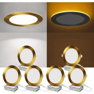 ZYC Recessed Lighting 6 Inch - 12W 1100LM LED Recessed Ceiling Light with Night Light,2700K/3000K/4000K/5000K/6000K Selectable Ultra-Thin Lighting,Dimmable Canless Wafer Downlight,Pack of 6Gold.