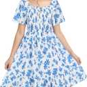 Cubear Ruffle Sleeve Dress for Girls Floral Short-Sleeves Smocked A-Line Dresses Kids Midi Casual Summer Spring Sundress (White)
