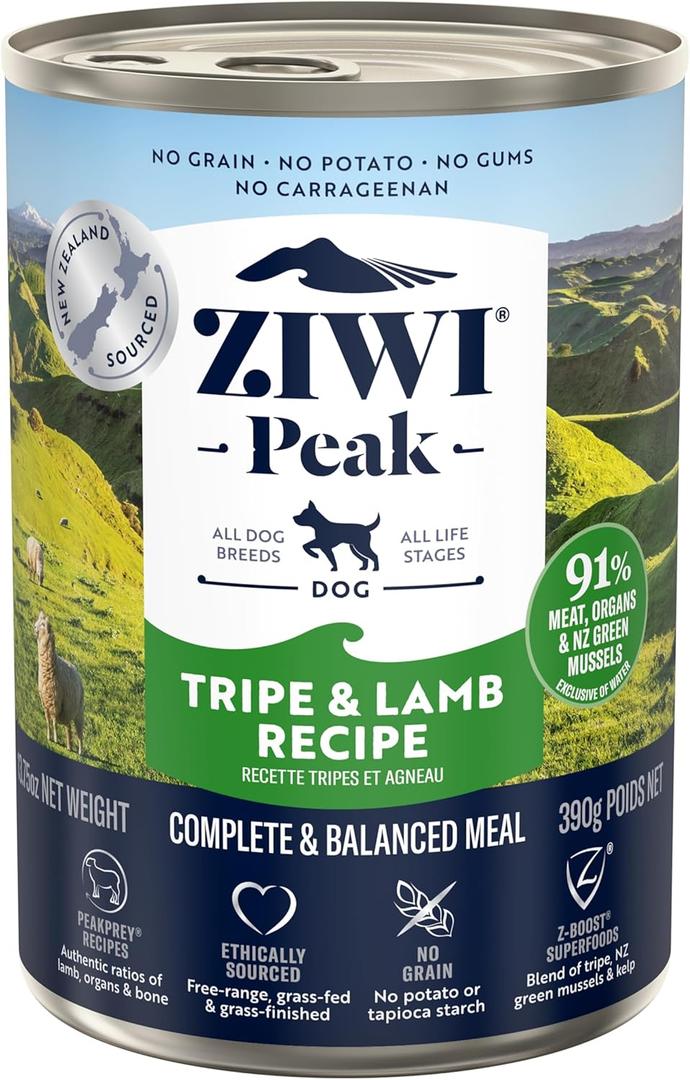 ZIWI Peak Canned Wet Dog Food All Natural, High Protein, Grain Free, Limited Ingredient, with Superfoods (Tripe & Lamb, Case of 12, 13.75oz Cans) Best By October 10 2026