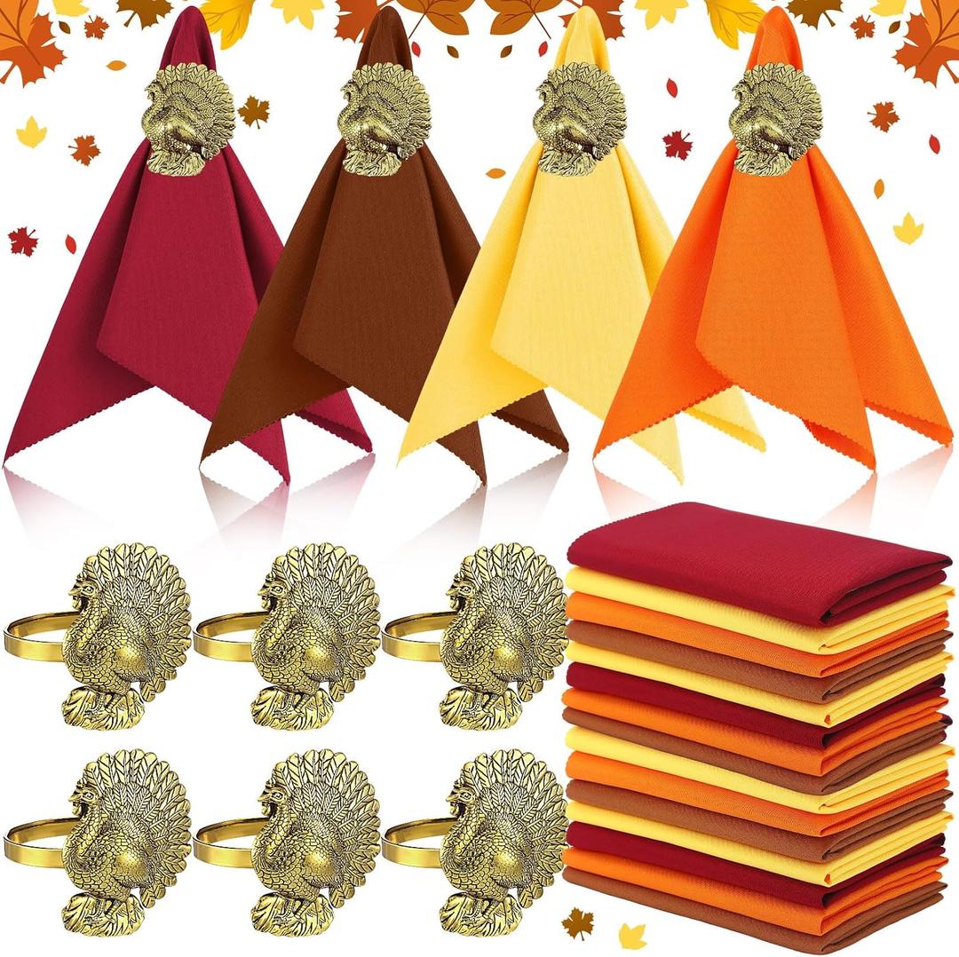 WILLBOND 24 Pcs Thanksgiving Napkin Rings and Cloth Napkins Bulk Thanksgiving Turkey Bird Themed Holders Fall Napkin Rings Alloy Design Holder Buckle for Christmas Wedding Home Party Table Decoration