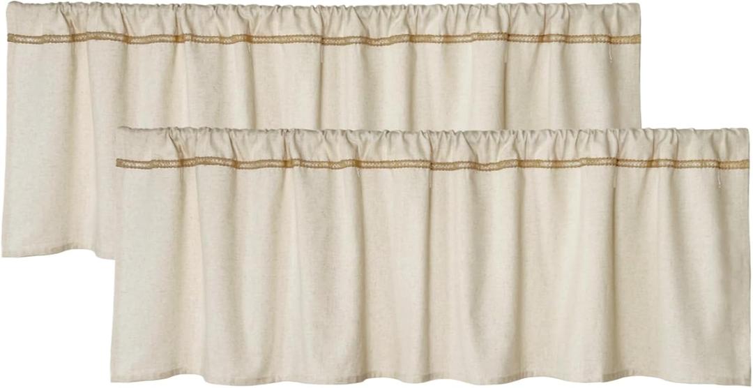 2 Pack Cotton Linen Valance for Windows with Burlap Lace Trim Rustic Farmhouse 16 inch Kitchen Valance Rod Pocket Neutral Short Curtain Topper Window Treatment