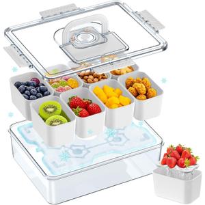 Palksky Snackle Box Container with Ice Pack, Travel Snack Containers with Lid & Handle, Chilled Portable Divided Serving Tray, 8 Compartments Bento Snack Box for Fruits Veggies Snacks, Keep Food Cold