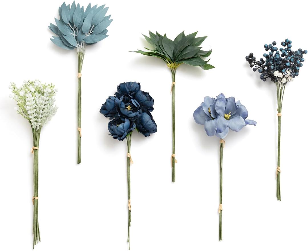 Ling's moment Artificial Greenery Stems Box Set, 59pcs with 8 Kinds of Faux Greenery Picks for DIY Bridal Bouquets Wedding Floral Arrangement Table Centerpieces, Dark Green & Navy