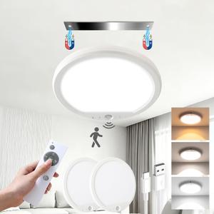 Rechargeable Motion Sensor Ceiling Light with Remote, Battery Operated Shower Light, Cordless LED Light, 3 Color Dimmable, No Wiring Magnetic Mount for Closet, Stairs, Hallway, 2 Pack