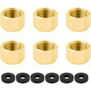 (Pack of 6) Brass 3/8'' Compression valve Cap Fitting for Sink Shut off Angle Stop Water Line Valve with Sealing Rubber Gasket Washer
