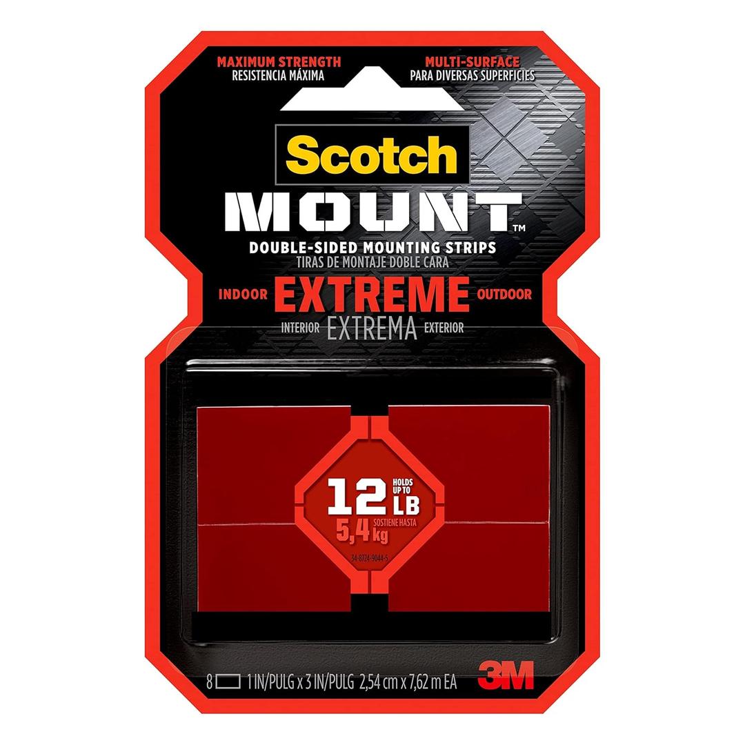 Scotch Extreme Mounting Strips, Double-Sided Heavy Duty Tape, 8 Strips, 1 in x 3 in, Use Instead of Nails or Screws, Works on Painted surfaces, Metals, Acrylic, Hard Plastics and More (414H-ST)
