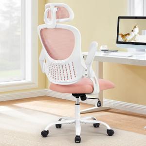 Sweetcrispy Home Office Desk Chair, Ergonomic High-Back Mesh Rolling Work Computer Chairs with Wheels and Adjustable Headrests, Comfortable Lumbar Support, Comfy Flip-up Arms for Bedroom, Study, Grey (Coral Pink)