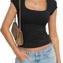 Womens Cotton Square Neck Short Sleeve Shirts Slim Fit Cap Sleeve Tops Summer Basic Low Cut Tee Fashion Clothes (X-Large, True Black)