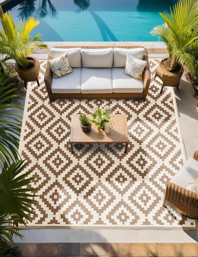 JBGO Outdoor Rug - Patio Rug - Reversible Woven Lightweight Large Recycled Plastic Striped Stain Proof Indoor Area Runner Mat - Deck, Patio, Camping, Picnic, Balcony - Doe&Coconut Milk - 4' x 6