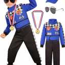 Kids Race Car Driver Costume Boys Racer Jumpsuit With Car Cap Halloween (5-6 Years, Blue)