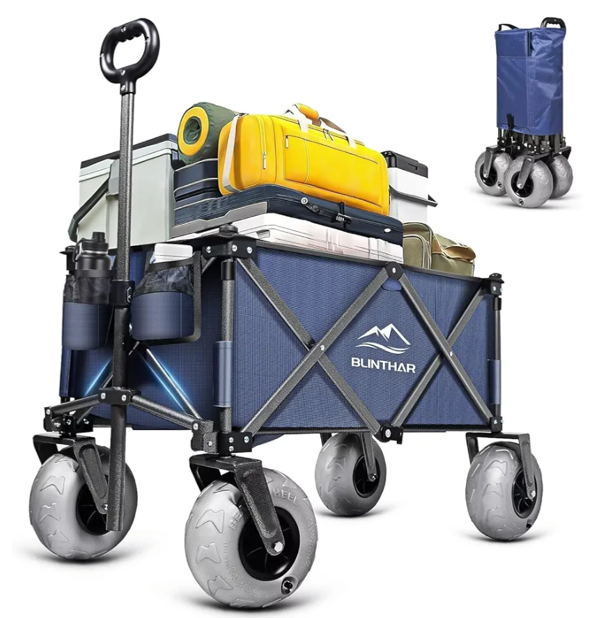 Beach Wagon with Big Wheels for Sand, Heavy Duty Harder Sand Collapsible Folding Wagon with All-Terrain 9" Pneumatic Ballon Tires, Utility Wagon for Garden Sports Camping Outdoor Activities