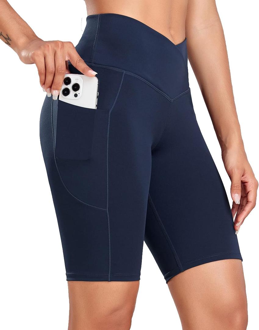 Oalka Women's Short Yoga Side Pockets High Waist Workout Running Shorts (Large)