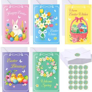 Motiskyy 50 Pack Spring Cards with Envelopes and Stickers, 4x6 inch Spring Bunny Egg Floral Greeting Cards Bulk, 5 Assorted Designs Blank Notecards for Classroom Exchange, Springs Wishes