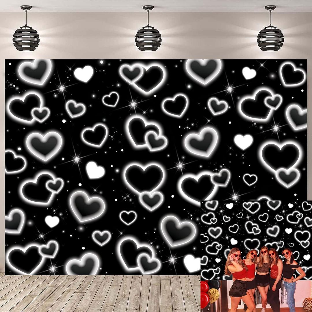 Black Heart Backdrop for Photography Early 2000s Glitter Heart Birthday Banner Valentine Day Party Background Decor Photo Booth Props