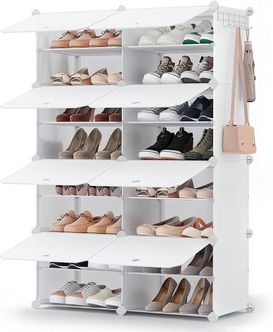 SONGMICS Shoe Rack Organizer, 8-Tier Shoe Storage Cabinet for Closet and Entryway, Holds 32 Pairs of Shoes, Adjustable, Cloud White ULPC034W03, 8 Cubes