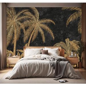 YIHWM -Gold Palms Botanical Backdrop Large Fabric Wallpaper Retro Tropical Plant Bedroom Bathroom Wall Mural- 91"x65"（ not Peel and Stick）