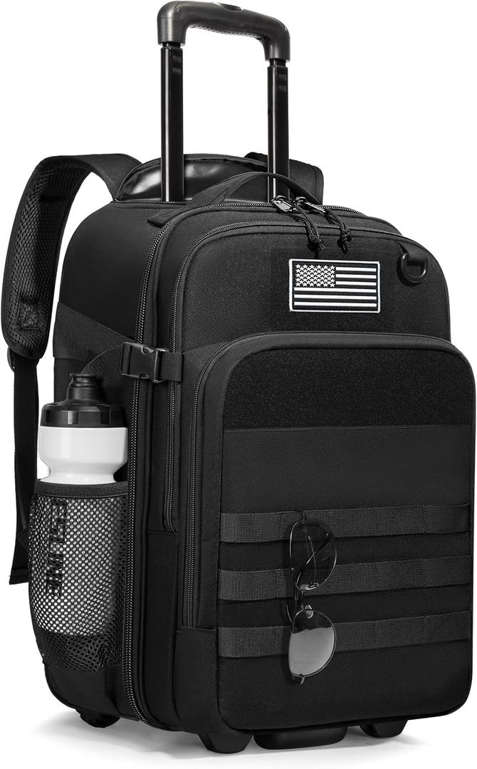17 Inch Rolling Tactical Laptop Backpack, Underseat Travel Backpack with Wheels for Men, Roller Carry On Luggage for Travel, Business, Black
