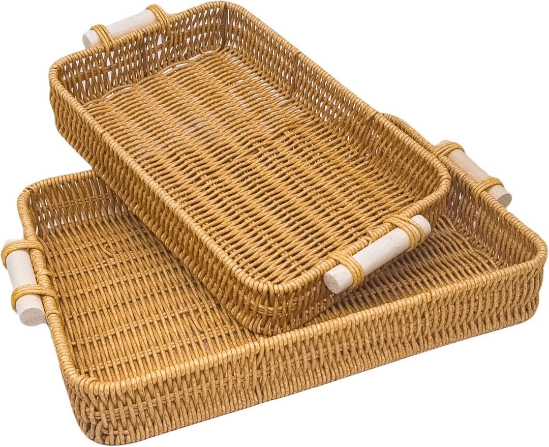GIB Rectangular Rattan Serving Trays with Handles, Small Woven Poly Wicker Baskets Trays for Coffee Table Decor, Bread, Flat Shallow Platters for Fruit, Snacks, Set of 2