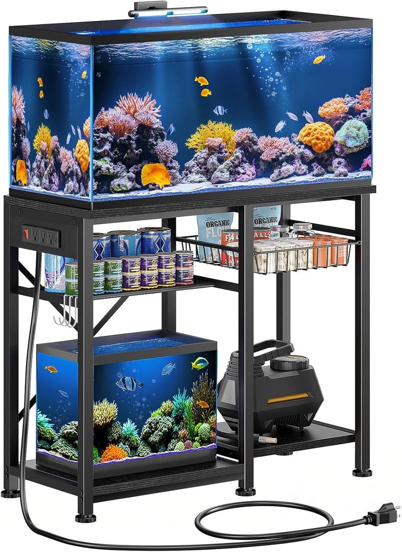 20-29 Gallon Aquarium Stand with 6 ft Power Strip, 5-Tier Metal Frame Fish Tank Stand 20 Gallon Fish Tank Stand 31.5" L*15.75" W Tabletop 400lbs Capacity (Pure Black, 20-29 Gallon)