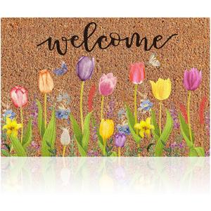 Ceenna Summer 4th of July Natural Coir Door Mat Outdoor Patriotic Rug Summer Welcome Doormat Independence Day Non-Slip Mat for Front Porch Entryway Outside, 16 x 28 Inches(Flower)