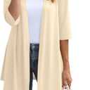 Womens Lightweight Open Front Cardigan Casual Loose Knit 3/4 Sleeves Fall Outwear Fashion (X-Large, Beige)